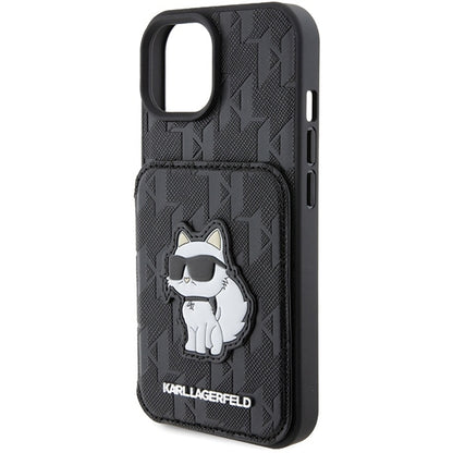 Etui na Apple iPhone 15, Karl Lagerfeld, Saffiano Cardslots and Stand Monogram Choupette, Czarne