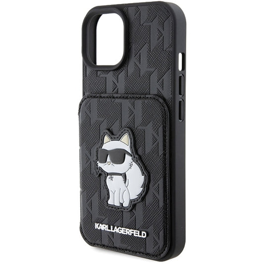 Etui na Apple iPhone 15, Karl Lagerfeld, Saffiano Cardslots and Stand Monogram Choupette, Czarne