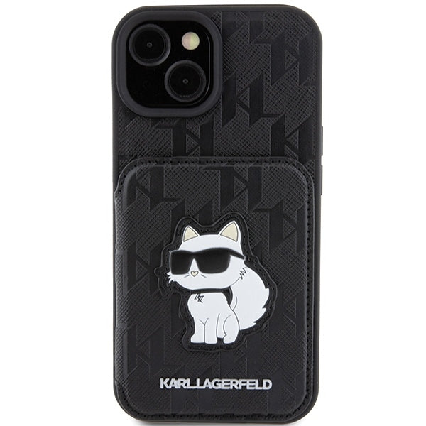 Etui na Apple iPhone 15, Karl Lagerfeld, Saffiano Cardslots and Stand Monogram Choupette, Czarne