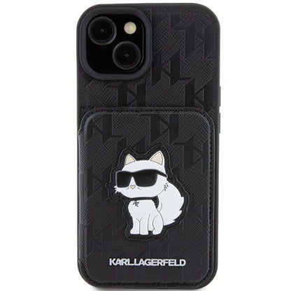 Etui na Apple iPhone 15, Karl Lagerfeld, Saffiano Cardslots and Stand Monogram Choupette, Czarne