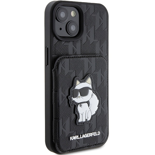 Etui na Apple iPhone 15, Karl Lagerfeld, Saffiano Cardslots and Stand Monogram Choupette, Czarne