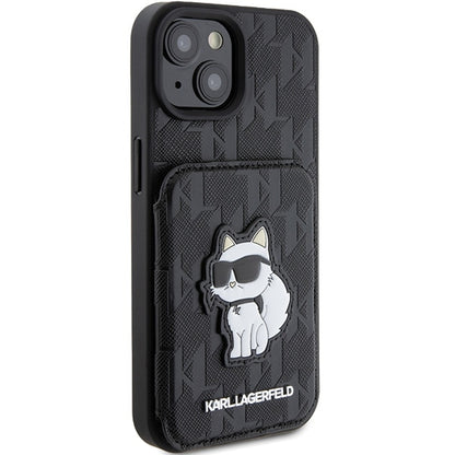 Etui na Apple iPhone 15, Karl Lagerfeld, Saffiano Cardslots and Stand Monogram Choupette, Czarne