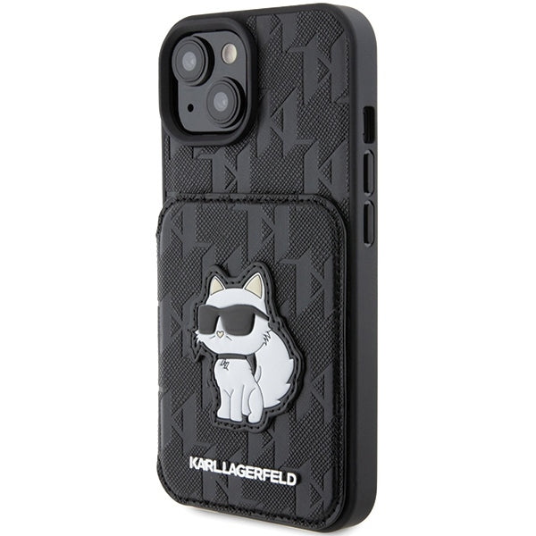 Etui na Apple iPhone 15, Karl Lagerfeld, Saffiano Cardslots and Stand Monogram Choupette, Czarne