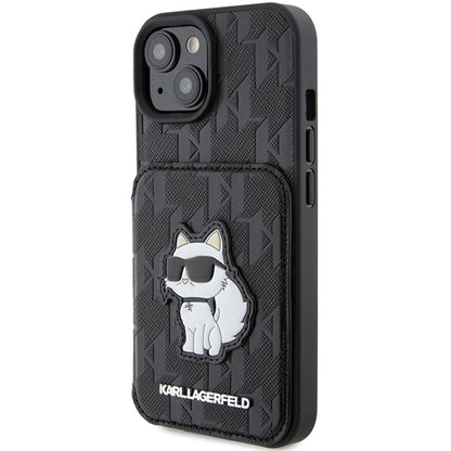 Etui na Apple iPhone 15, Karl Lagerfeld, Saffiano Cardslots and Stand Monogram Choupette, Czarne