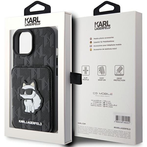Etui na Apple iPhone 15, Karl Lagerfeld, Saffiano Cardslots and Stand Monogram Choupette, Czarne