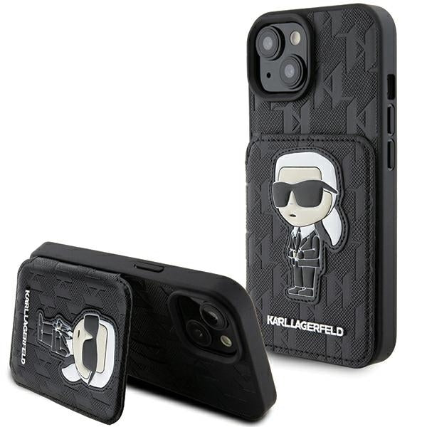 Etui na Apple iPhone 15, Karl Lagerfeld, Saffiano Cardslots and Stand Monogram Ikonik Karl, Czarne