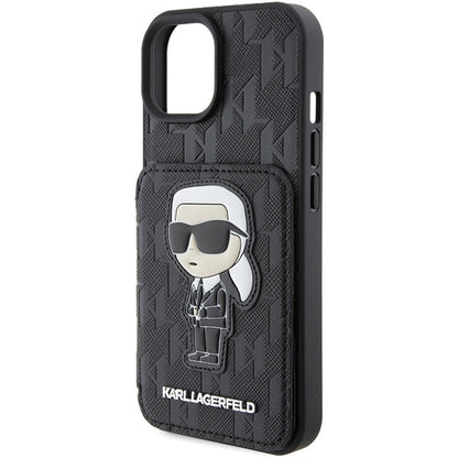 Etui na Apple iPhone 15, Karl Lagerfeld, Saffiano Cardslots and Stand Monogram Ikonik Karl, Czarne