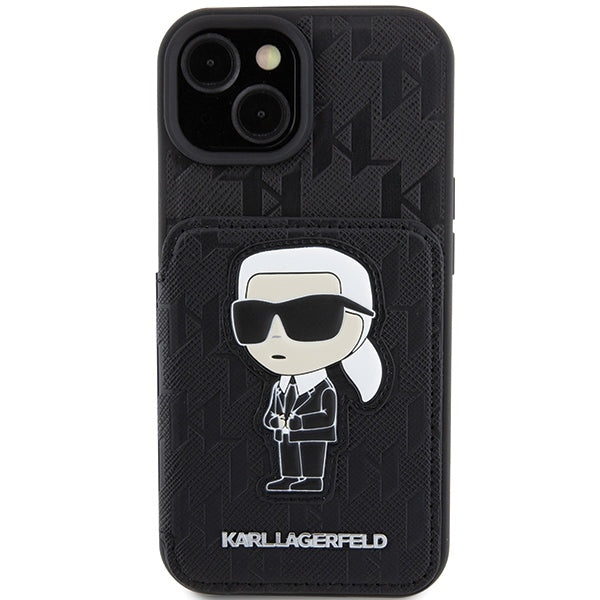 Etui na Apple iPhone 15, Karl Lagerfeld, Saffiano Cardslots and Stand Monogram Ikonik Karl, Czarne