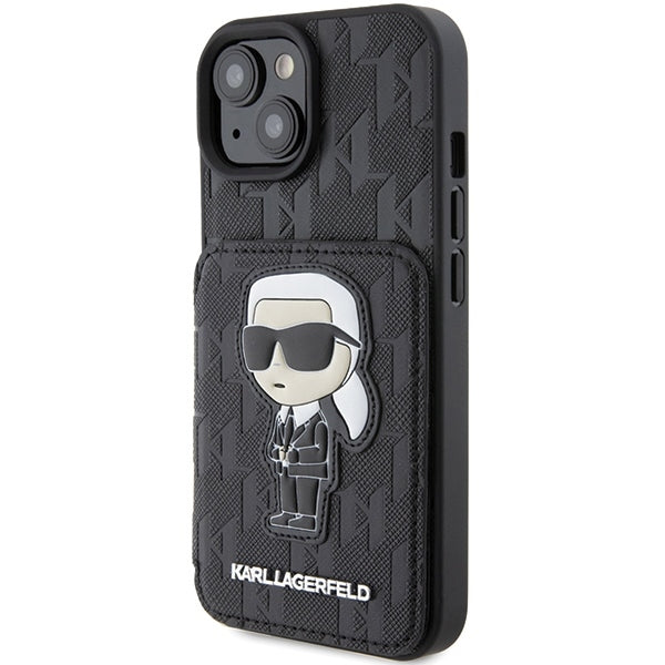 Etui na Apple iPhone 15, Karl Lagerfeld, Saffiano Cardslots and Stand Monogram Ikonik Karl, Czarne