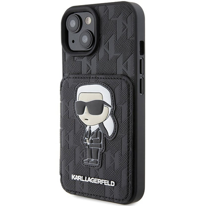 Etui na Apple iPhone 15, Karl Lagerfeld, Saffiano Cardslots and Stand Monogram Ikonik Karl, Czarne