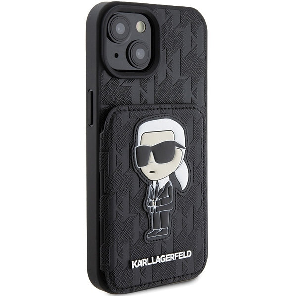 Etui na Apple iPhone 15, Karl Lagerfeld, Saffiano Cardslots and Stand Monogram Ikonik Karl, Czarne