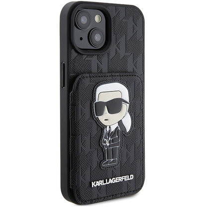 Etui na Apple iPhone 15, Karl Lagerfeld, Saffiano Cardslots and Stand Monogram Ikonik Karl, Czarne