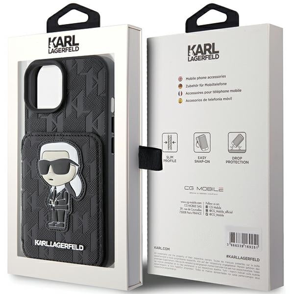 Etui na Apple iPhone 15, Karl Lagerfeld, Saffiano Cardslots and Stand Monogram Ikonik Karl, Czarne