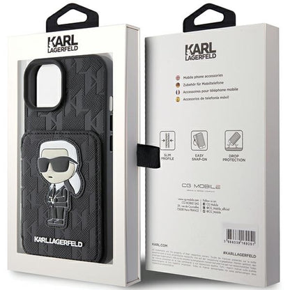 Etui na Apple iPhone 15, Karl Lagerfeld, Saffiano Cardslots and Stand Monogram Ikonik Karl, Czarne