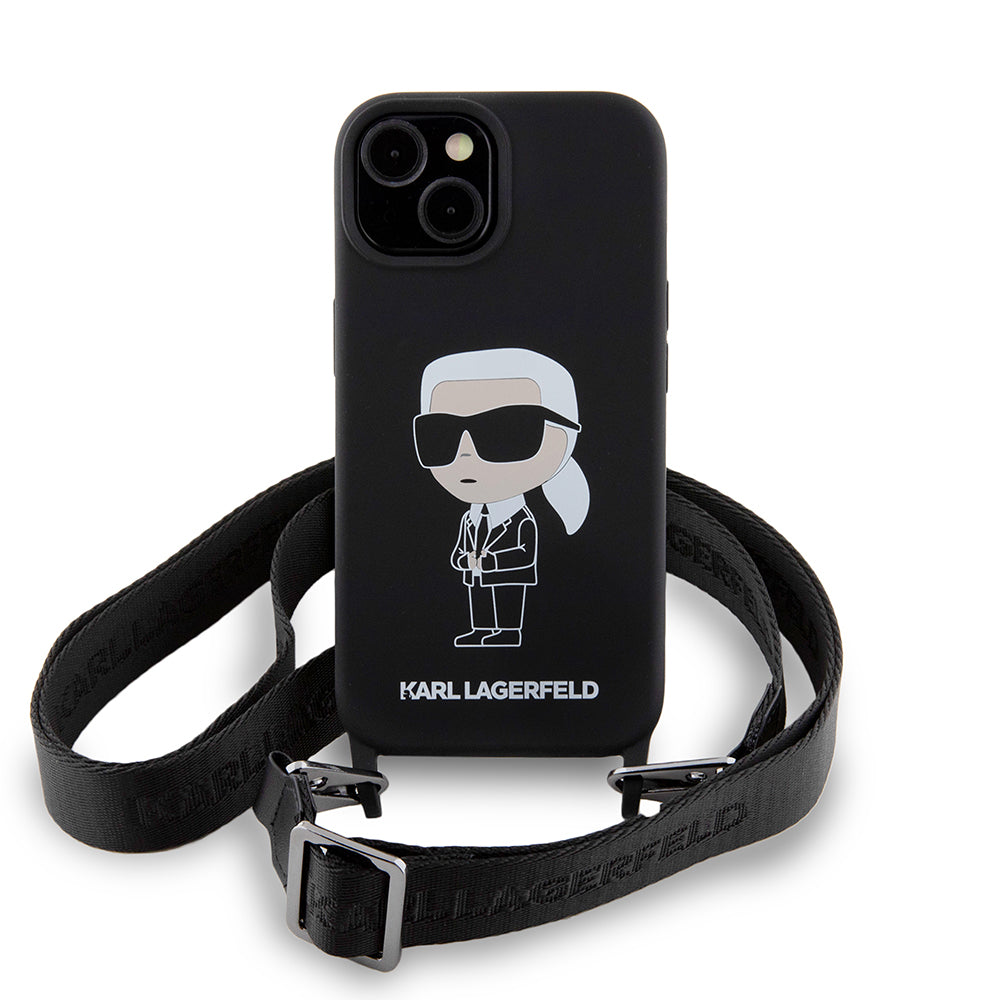 Etui na Apple iPhone 15, Karl Lagerfeld, Silikonowe Crossbody Ikonik Karl, Czarne