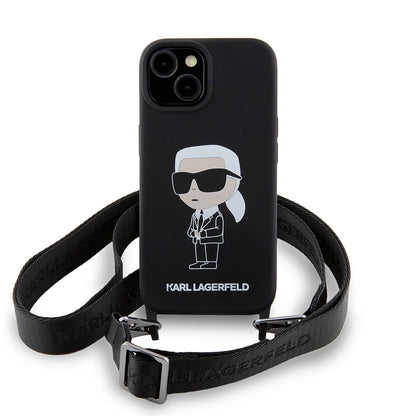 Etui na Apple iPhone 15, Karl Lagerfeld, Silikonowe Crossbody Ikonik Karl, Czarne