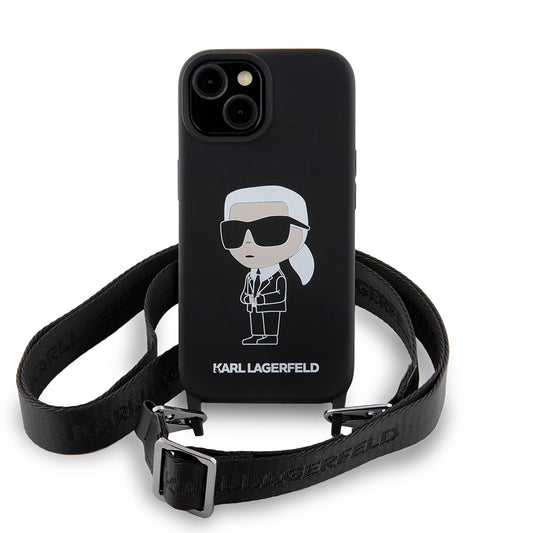 Etui na Apple iPhone 15, Karl Lagerfeld, Silikonowe Crossbody Ikonik Karl, Czarne