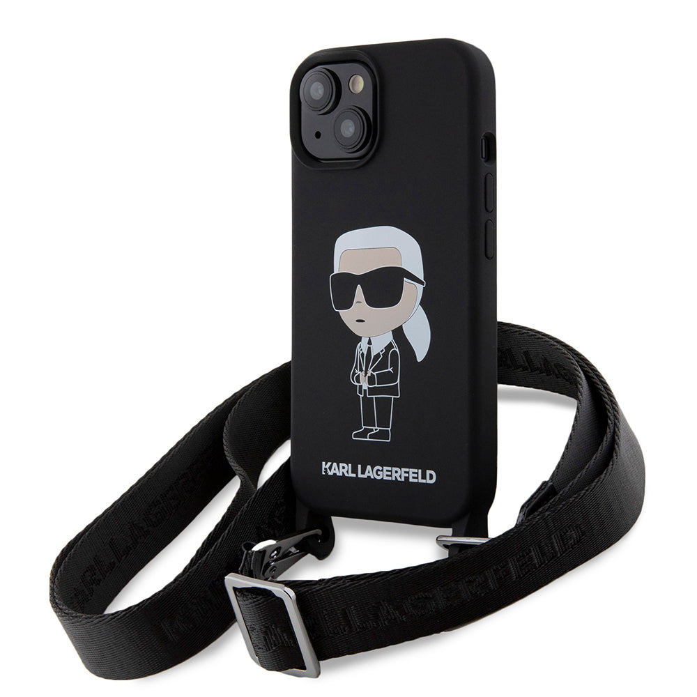 Etui na Apple iPhone 15, Karl Lagerfeld, Silikonowe Crossbody Ikonik Karl, Czarne