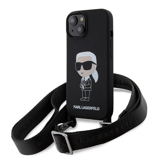 Etui na Apple iPhone 15, Karl Lagerfeld, Silikonowe Crossbody Ikonik Karl, Czarne