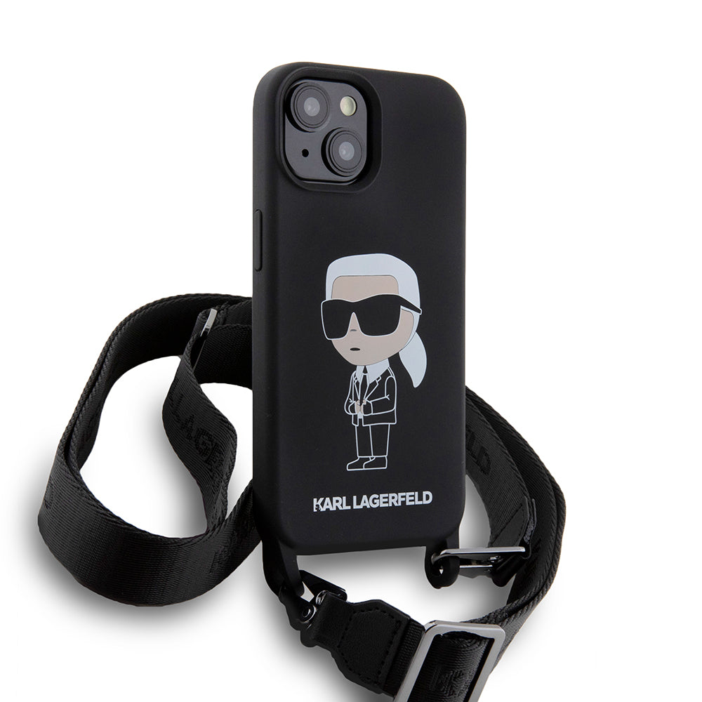 Etui na Apple iPhone 15, Karl Lagerfeld, Silikonowe Crossbody Ikonik Karl, Czarne