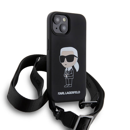 Etui na Apple iPhone 15, Karl Lagerfeld, Silikonowe Crossbody Ikonik Karl, Czarne