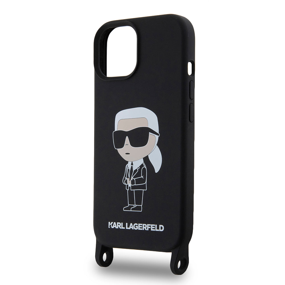Etui na Apple iPhone 15, Karl Lagerfeld, Silikonowe Crossbody Ikonik Karl, Czarne