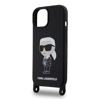 Etui na Apple iPhone 15, Karl Lagerfeld, Silikonowe Crossbody Ikonik Karl, Czarne