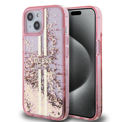 Etui na Apple iPhone 15 Plus, Guess, Liquid Glitter Gold Stripes, Różowy