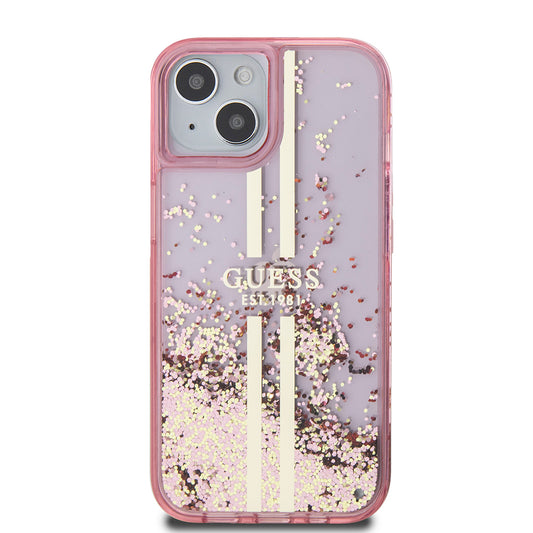 Etui na Apple iPhone 15 Plus, Guess, Liquid Glitter Gold Stripes, Różowy