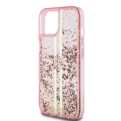 Etui na Apple iPhone 15 Plus, Guess, Liquid Glitter Gold Stripes, Różowy
