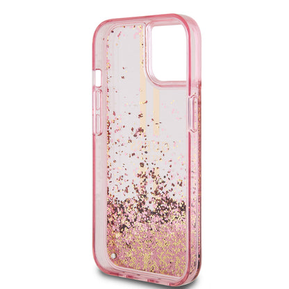 Etui na Apple iPhone 15 Plus, Guess, Liquid Glitter Gold Stripes, Różowy
