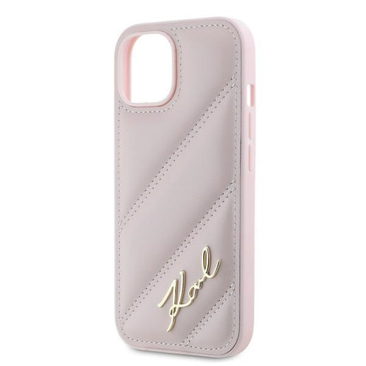 Etui na Apple iPhone 15 Plus, Karl Lagerfeld, Diagonal Quilted Script, Różowy