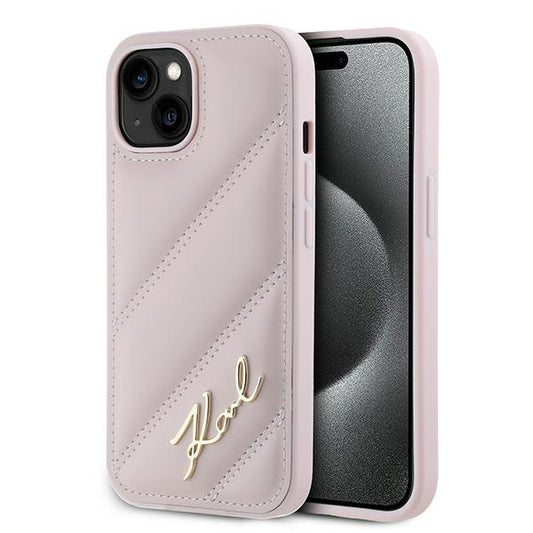 Etui na Apple iPhone 15 Plus, Karl Lagerfeld, Diagonal Quilted Script, Różowy