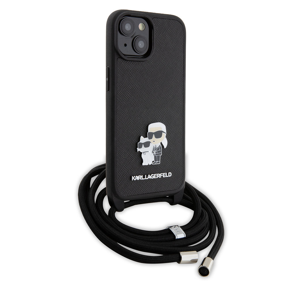 Etui na Apple iPhone 15 Plus, Karl Lagerfeld, Saffiano Crossbody Metal Pin Karl & Choupette, Czarne