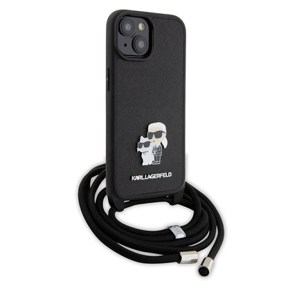 Etui na Apple iPhone 15 Plus, Karl Lagerfeld, Saffiano Crossbody Metal Pin Karl & Choupette, Czarne