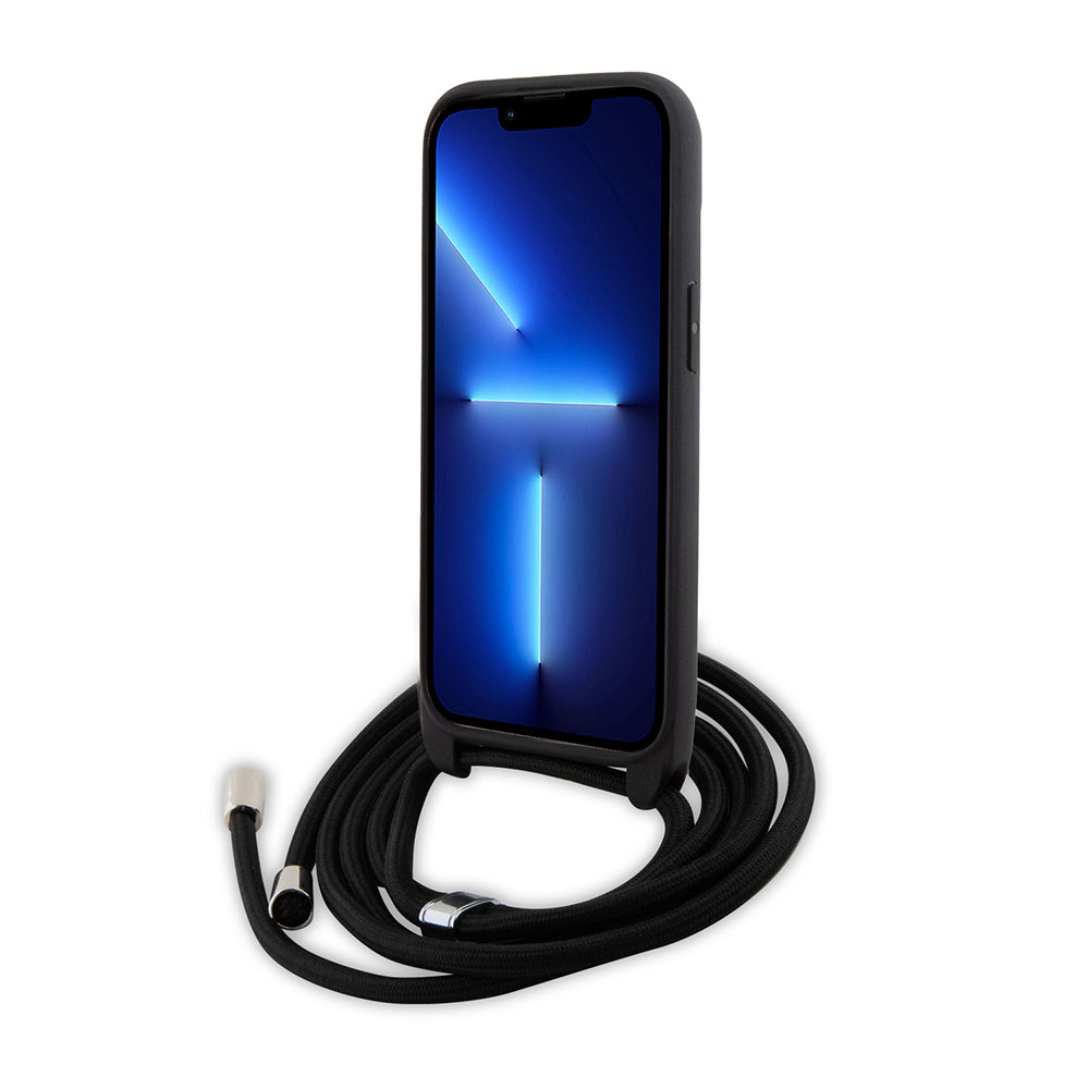 Etui na Apple iPhone 15 Plus, Karl Lagerfeld, Saffiano Crossbody Metal Pin Karl & Choupette, Czarne