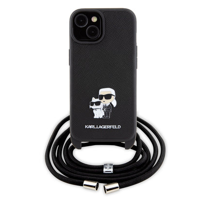Etui na Apple iPhone 15 Plus, Karl Lagerfeld, Saffiano Crossbody Metal Pin Karl & Choupette, Czarne