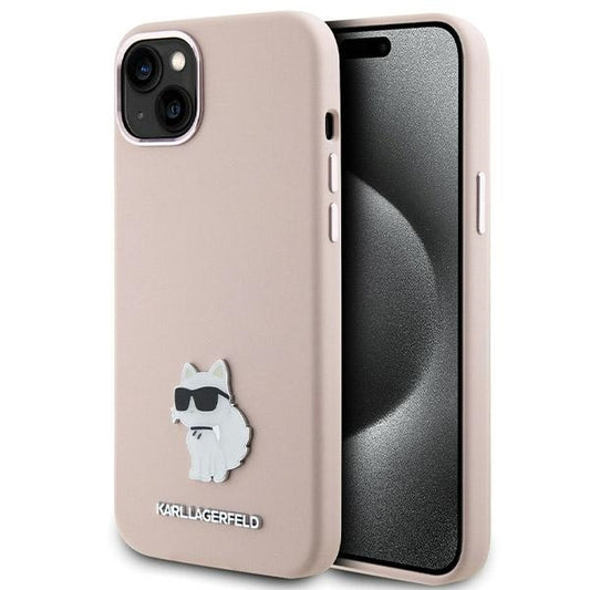 Etui na Apple iPhone 15 Plus, Karl Lagerfeld, Silikonowe Choupette Metal, Różowy