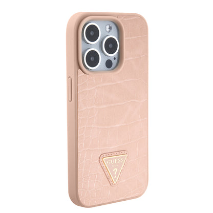 Case for Apple iPhone 15 Pro, Guess, Croco Triangle Metal Logo, Pink
