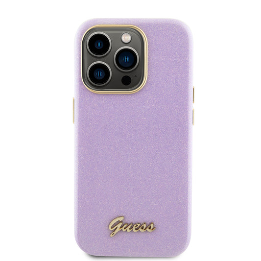Etui na Apple iPhone 15 Pro, Guess, Glitter Glossy Script, Jasny Fiolet