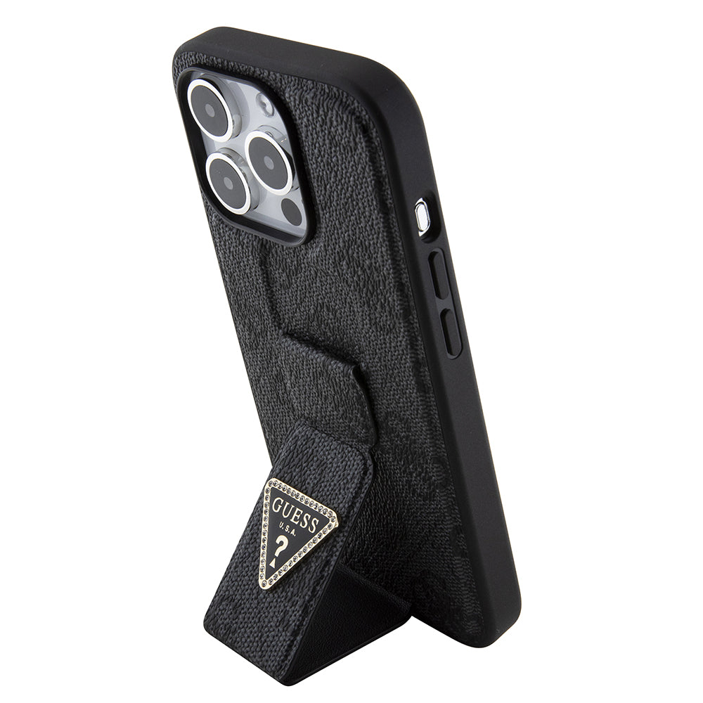 Etui na Apple iPhone 15 Pro, Guess, Grip Stand 4G Triangle Strass, Czarne