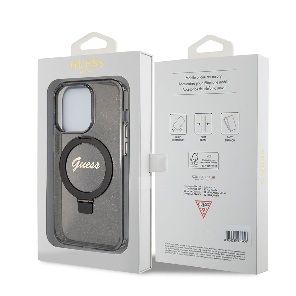 Etui MagSafe dla Apple iPhone 15 Pro, Guess, IML Ring Stand Glitter, Czarne
