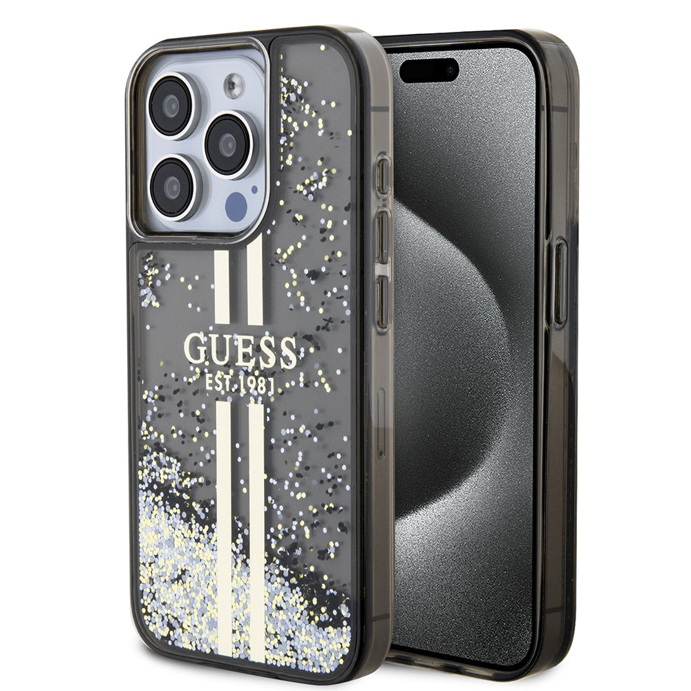Etui na Apple iPhone 15 Pro, Guess, Liquid Glitter Gold Stripe, Czarne