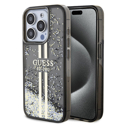 Etui na Apple iPhone 15 Pro, Guess, Liquid Glitter Gold Stripe, Czarne