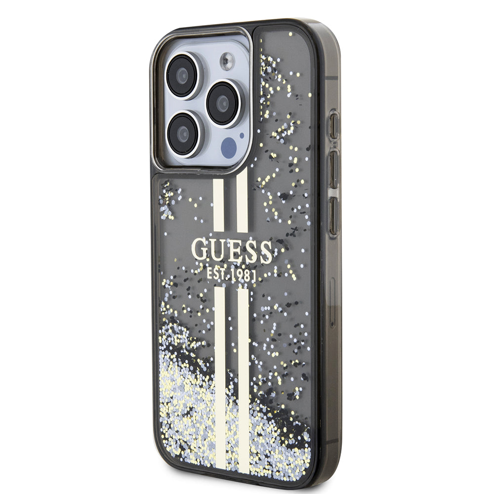 Etui na Apple iPhone 15 Pro, Guess, Liquid Glitter Gold Stripe, Czarne