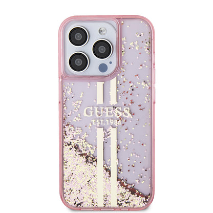 Etui na Apple iPhone 15 Pro, Guess, Liquid Glitter Gold Stripes, Różowy