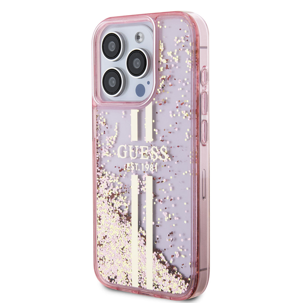 Etui na Apple iPhone 15 Pro, Guess, Liquid Glitter Gold Stripes, Różowy