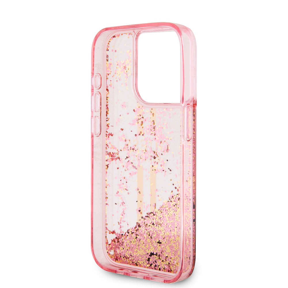 Etui na Apple iPhone 15 Pro, Guess, Liquid Glitter Gold Stripes, Różowy