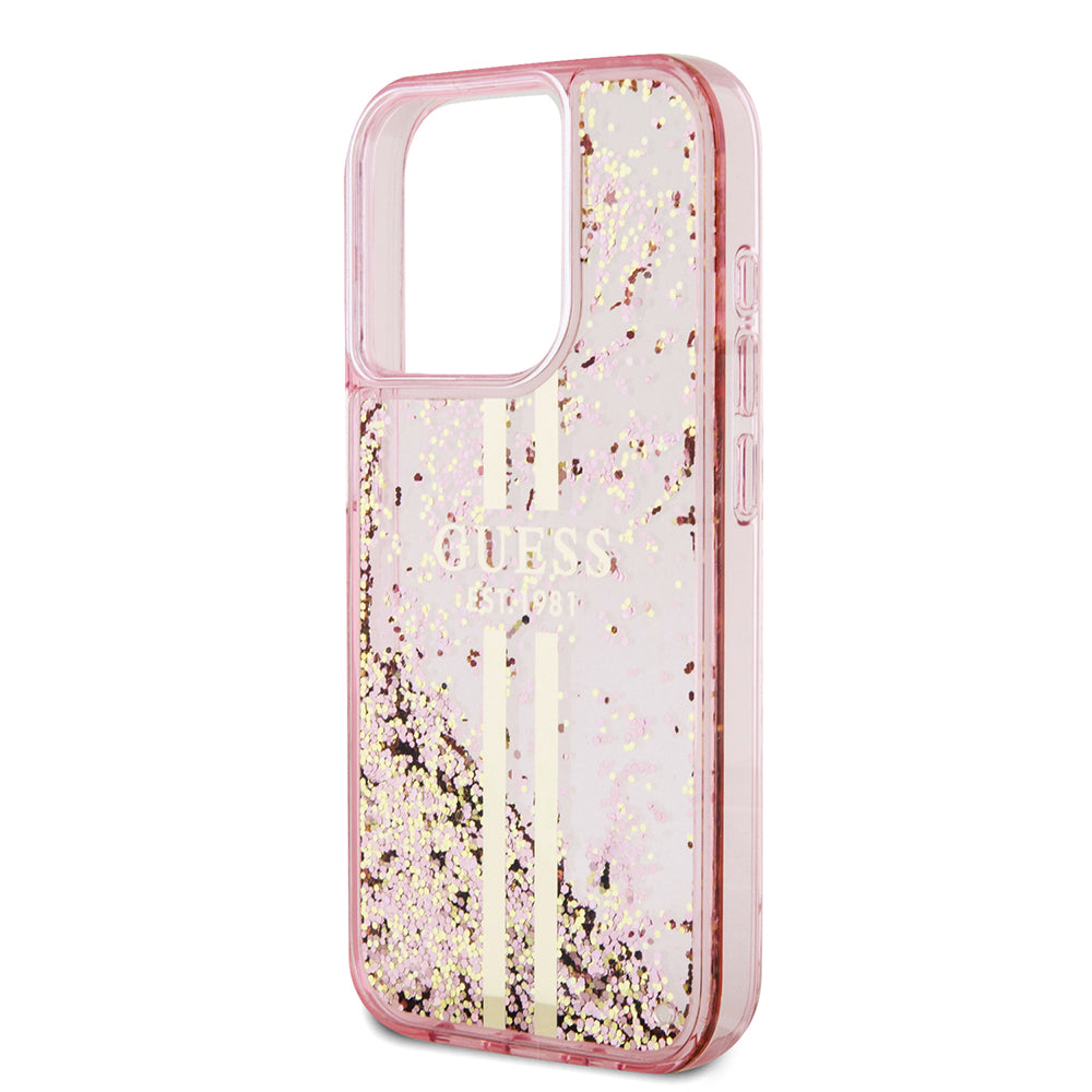 Etui na Apple iPhone 15 Pro, Guess, Liquid Glitter Gold Stripes, Różowy