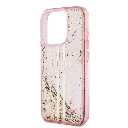 Etui na Apple iPhone 15 Pro, Guess, Liquid Glitter Gold Stripes, Różowy